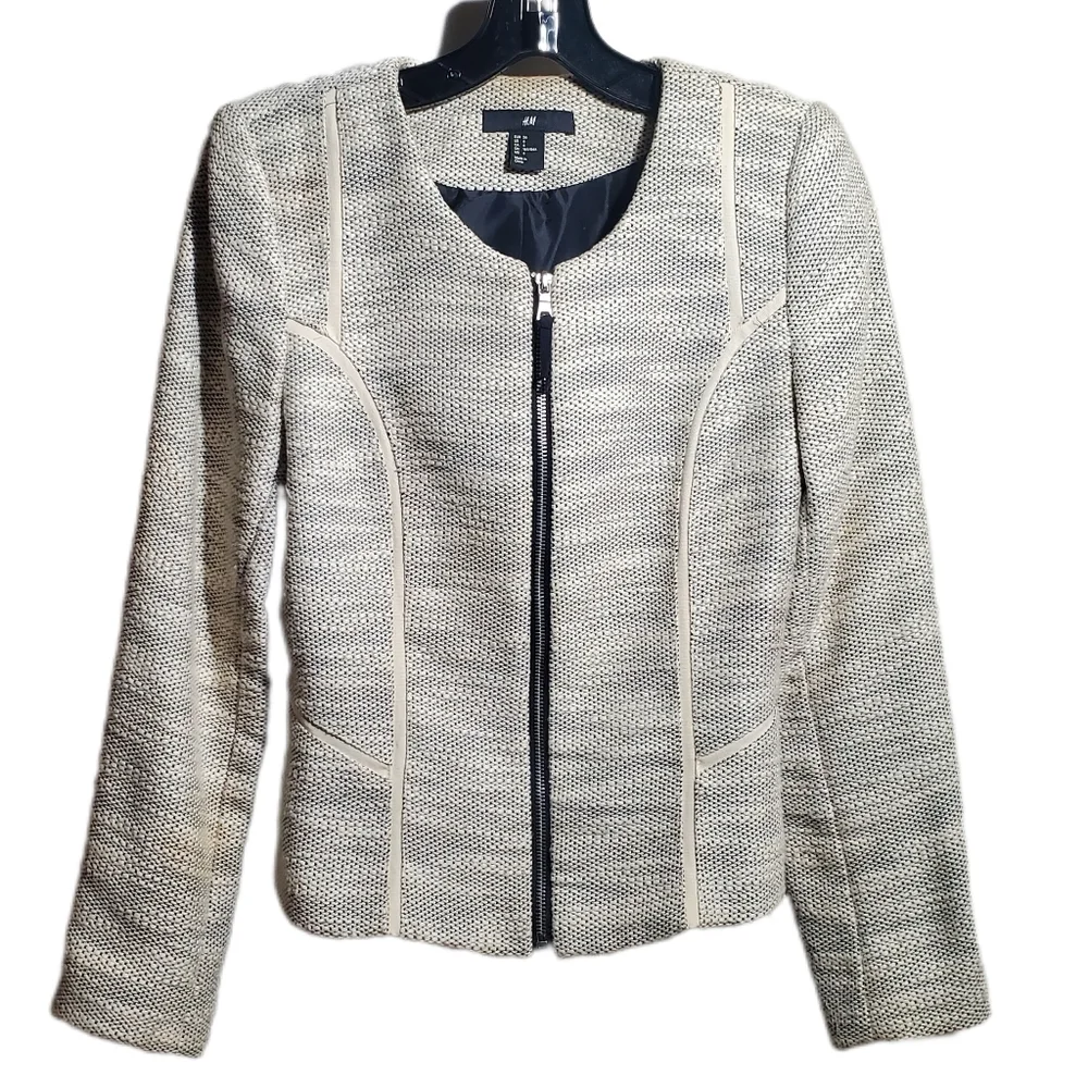 H&M Ivory & Black Tweed Cropped Lined Jacket